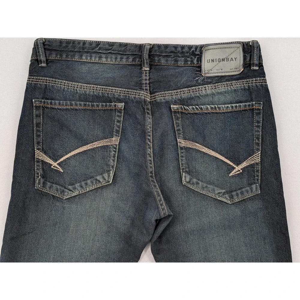 Y2K Unionbay Mens 36x32 Bootcut Jeans Dark Wash Faded Embroidered Pockets